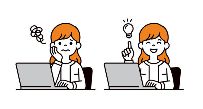 困っていたことが解決した、ノートパソコンを操作する20代・30代の女性のベクターイラスト素材