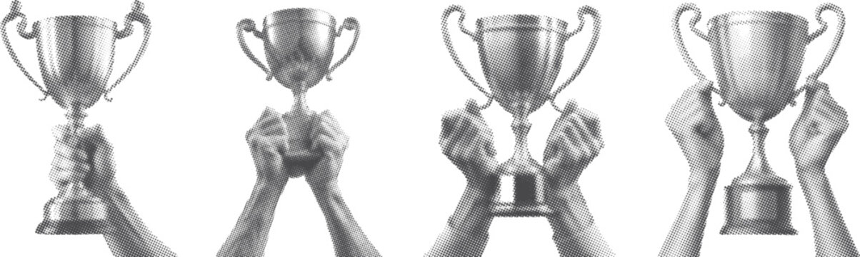 Glossy silver half tone trophy cup sticker set isolated on dark background for award celebration design. Metallic halftone textured cup icons with cutout border for modern prize emblem concept.