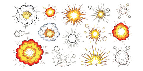 Set of cartoon comic book explosion elements with colorful blast and fire effects ©  Designer