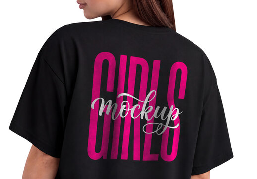 Woman Wearing Black T-Shirt Back View Mockup