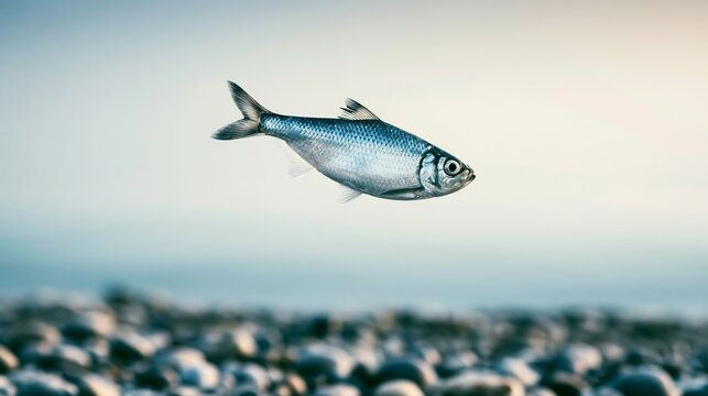 Silver fish floating above pebble shoreline, defying gravity, symbolic of freedom and breaking limitations