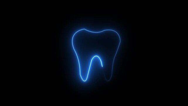 Glowing blue neon line art icon of a human tooth representing dental care, dentistry, and oral health clinic on a dark black background.