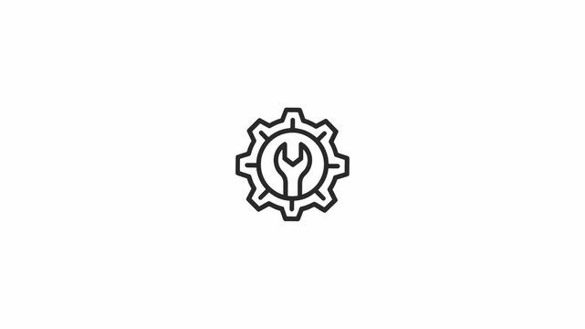 Minimalist black line icon featuring a gear and wrench symbol for professional repair service on a bright white background.