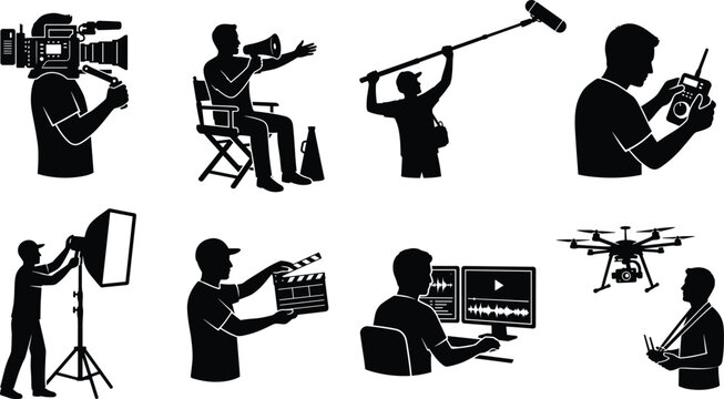 Film production crew and video broadcasting icon set with director cameraman lighting technician and drone operator silhouettes vector
