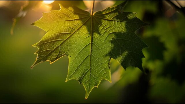 Close-up of a green maple leaf with sunlight and shadow details