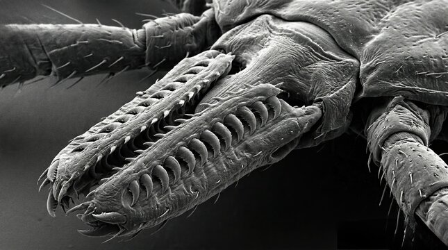 Tick hypostome and mouthparts under scanning electron microscope. Detailed SEM image of parasite anatomy and barbed feeding structure
