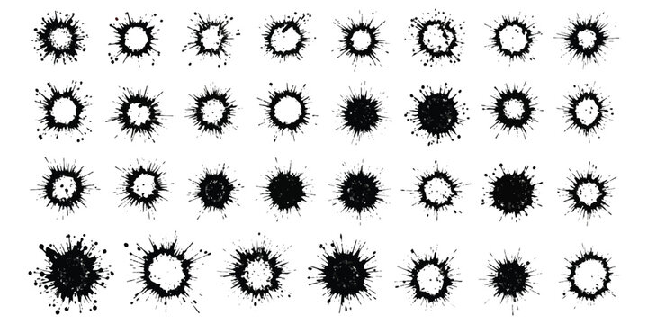 Set of black ink splash circles and grunge splatter brush shapes
