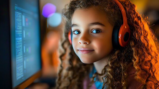 Young girl with curly hair wearing headphones and looking at a computer screen with code