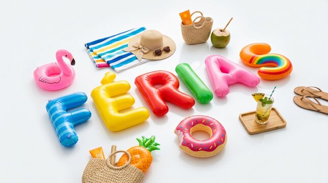 Palavra F&Eacute;RIAS em letras 3D infl&aacute;veis com acess&oacute;rios de piscina e clima divertido sobre fundo branco limpo para campanhas publicit&aacute;rias sazonais