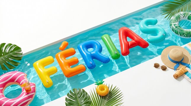 Palavra F&Eacute;RIAS em letras 3D infl&aacute;veis com acess&oacute;rios de piscina e clima divertido sobre fundo branco limpo para campanhas publicit&aacute;rias sazonais