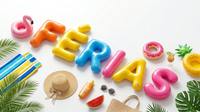 Palavra F&Eacute;RIAS em letras 3D infl&aacute;veis com acess&oacute;rios de piscina e clima divertido sobre fundo branco limpo para campanhas publicit&aacute;rias sazonais