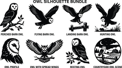 Obraz premium Barn owl silhouette bundle with flying perched and hunting vectors isolated on white background