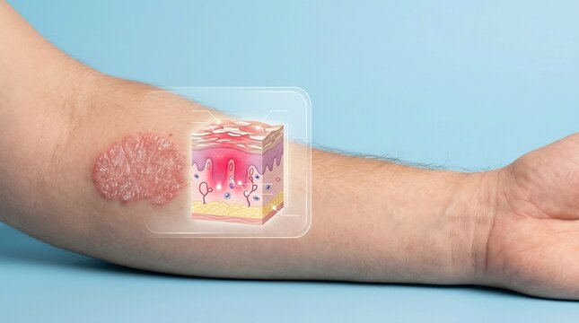 Medical illustration of a skin condition on a human arm with a 3D cross section of skin layers showing inflammation
