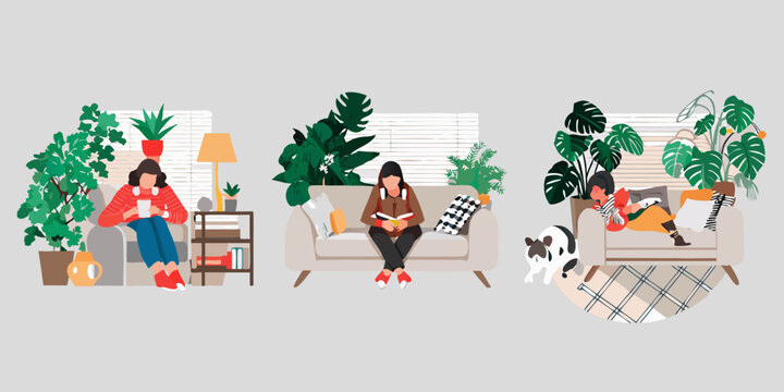 Indoor Scenes With People And Plants Flat Vector Illustration