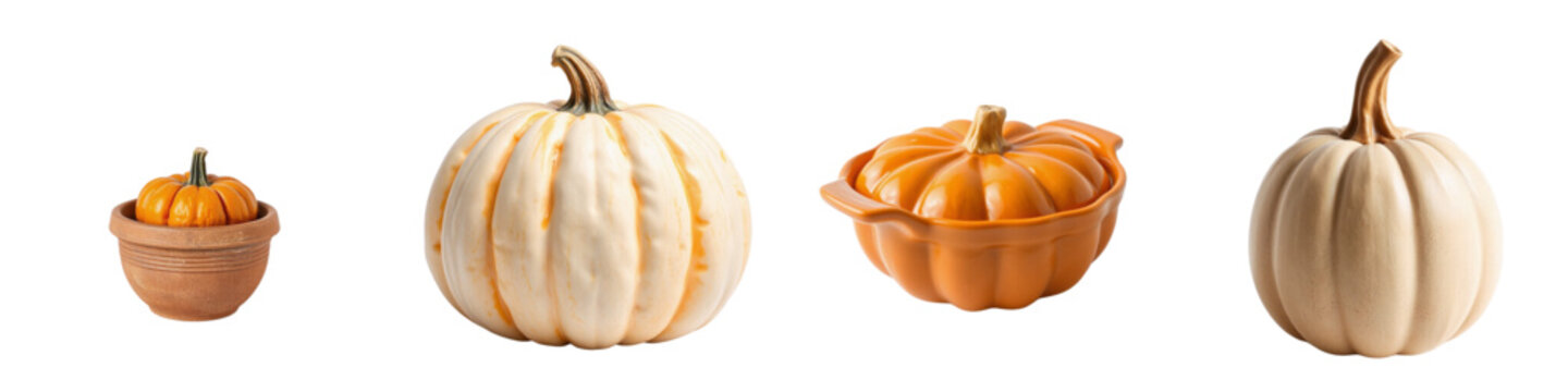 Assorted pumpkins in various sizes and colors on white background  