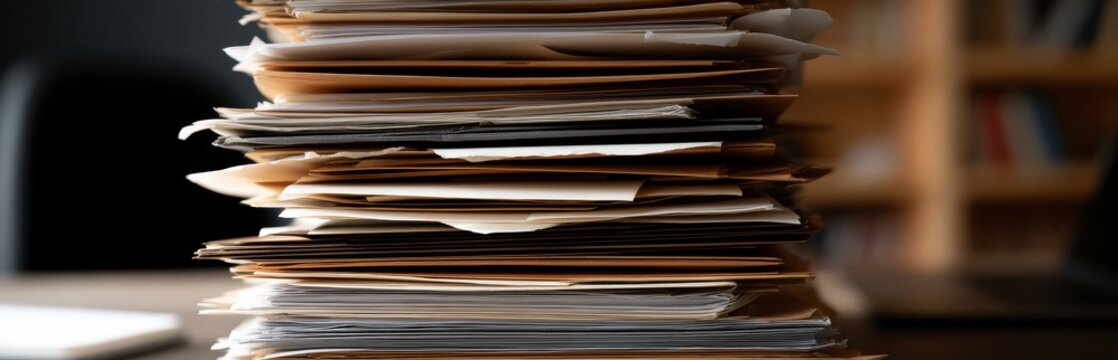 Large stack of documents and folders on an office desk