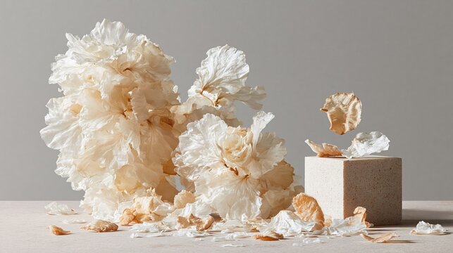 花のように配置された乾燥生姜のスライス。石の台座と薄い乾燥食材の芸術的な構図。自然素材のテクスチャ