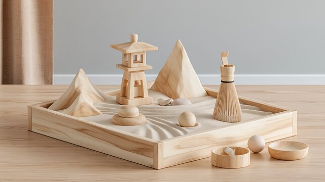 木製のトレイに作られたミニチュアの枯山水。デスクトップ用の禅の庭園キット。茶筅と石が置かれた砂紋の景観