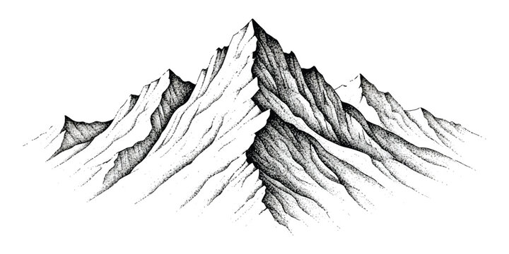 Hand drawn ink sketch of a tall mountain peak with rocky texture