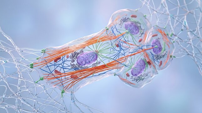 3D scientific illustration of transparent biological cells showing internal cytoskeleton fibers and purple nuclei within a mesh network