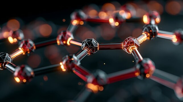 Close-up of a molecular structure model with glowing atoms and bonds, scientific research, technology background