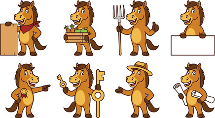 Fototapeta premium Cute Horse Mascot Character Collection with Farmer, Builder, Winner, Landowner, Ranch Worker, and Cartoon Occupation Illustrations