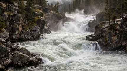 Obraz premium Fast-flowing river cutting through a rocky forest landscape, showcasing the raw power and beauty of untouched nature.