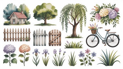 Obraz premium Beautiful watercolor set of rural and garden items like a small house, trees, fencing, and bicycle