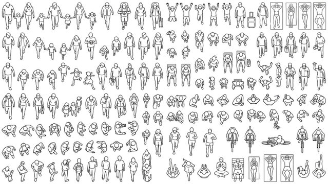 Architectural Collection of Diverse People Silhouettes in Top Down Plan View for Design Layouts