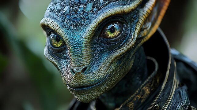 Detailed portrait of a reptilian creature's face with striking yellow eyes and scaly skin