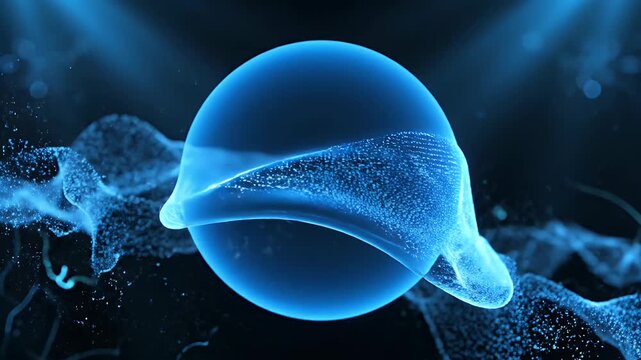 Abstract glowing blue particles forming a spherical shape with wavy trails.