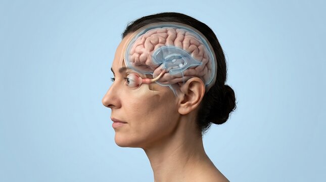 Medical illustration of a human head profile with transparent brain anatomy showing ventricular system and optic nerve