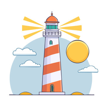 Flat design lighthouse with sun rays