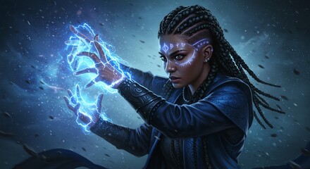 Obraz premium Intense blue energy glows from a powerful woman's hands as she casts a spell in a dramatic fantasy setting. AI Generated