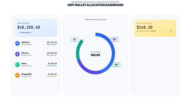 Modern crypto finance dashboard with token allocation cards, APY indicators, wallet
balance panels, and animated ring charts on a dark background. DeFi Wallet Allocation Dashboard With Yield Metrics