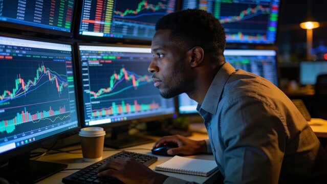African American trader analyzing live financial data across multiple screens during a late-night trading session.