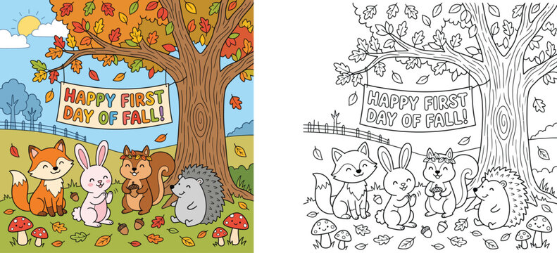 Happy First Day of Fall Coloring Page for Kids with Cute Forest Animals, Autumn Tree, and Banner, Colored and Black and White Line Art Illustration Set