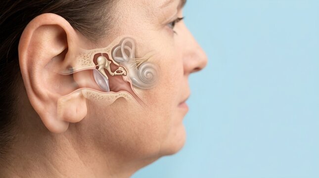 Detailed Medical Illustration of Human Ear Anatomy Superimposed on a Woman's Profile Showing Hearing Mechanism