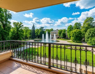 Fototapeta premium Scenic view from balcony overlooking a landscaped garden with a fountain and historical building under a blue sky with fluffy clouds in a park setting