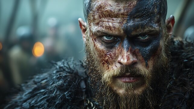 Intense close up of a bearded warrior with battle paint and wounds looking fiercely