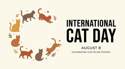 Fototapeta premium International cat day greeting card design with cute cat illustrations arranged in a circle, flat vector illustration for social media post