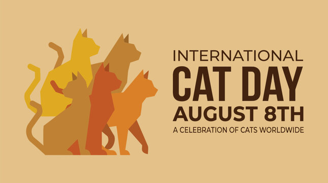 International cat day poster design with stylized cat silhouettes in warm colors, august 8th celebration graphic for social media and web