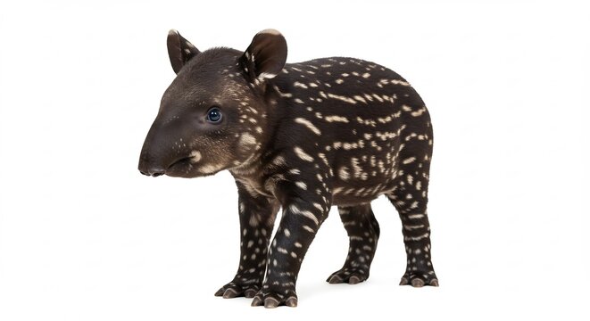 Adorable baby tapir with unique white spotted pattern shines brightly isolated on pure white. AI Generated