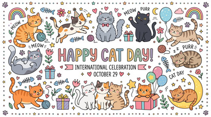 Obraz premium Happy cat day celebration illustration with cute cartoon cats, kittens, balloons, gifts, flowers, and stars, festive handdrawn doodle style