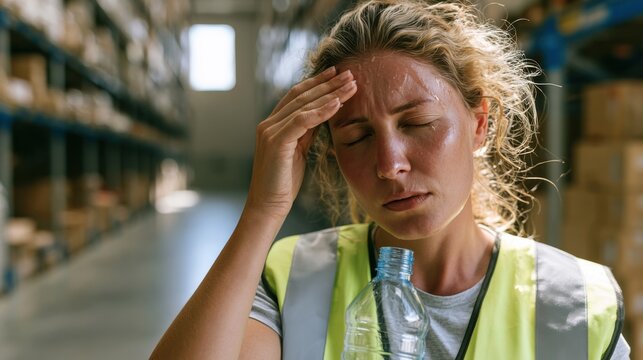 Tired female warehouse worker wiping sweat and holding water bottle in industrial storage aisle