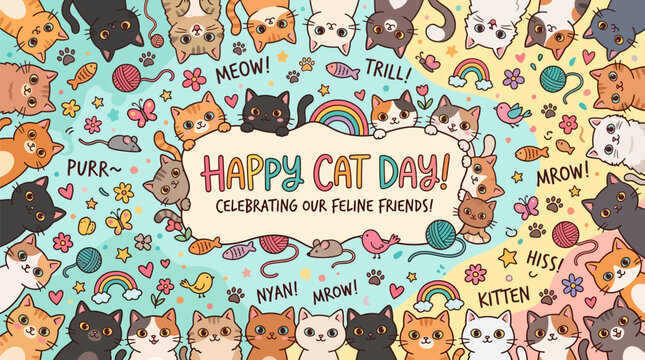 Happy cat day celebration banner with cute cartoon kittens, colorful rainbows, yarn balls, mice, birds, fish, and flowers on a pastel background