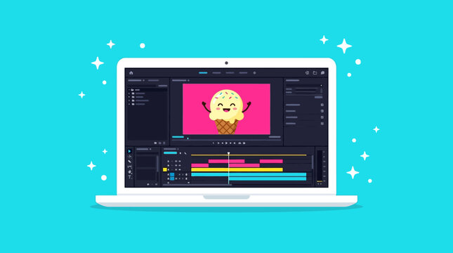 Creative Video Editing Process laptop displaying animation software with a cute ice cream character on a cyan background ideal for motion graphics tutorials and digital content creation.
