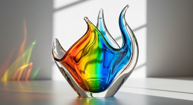 Bright sun illuminates a striking multi-colored glass sculpture casting vibrant rainbow patterns on a modern wall. AI Generated