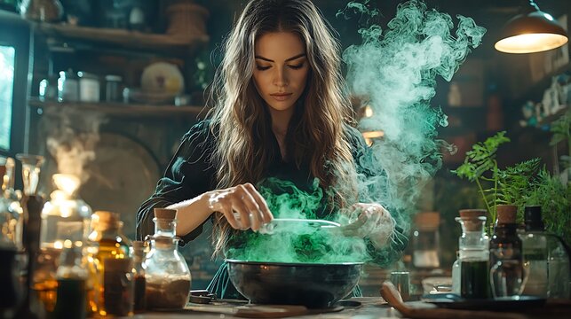 Woman in dark attire stirs glowing green potion emitting smoke beside shelves of potions and plants