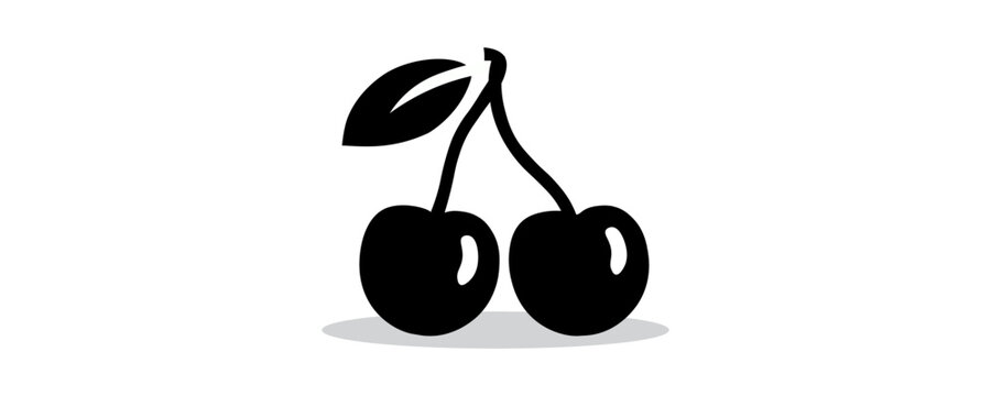 A black silhouette illustration of two cherries connected by a stem with a leaf, on a pure white background
